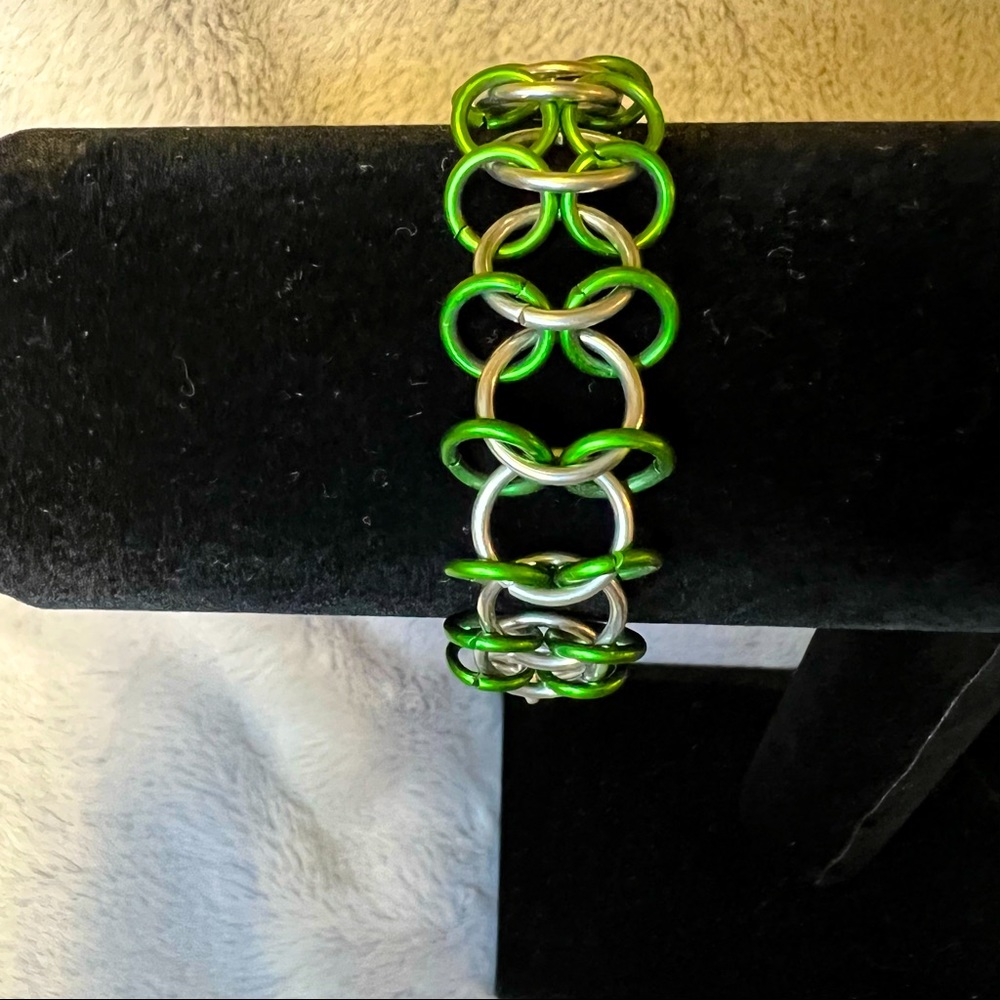 Green and silver chain mail bracelet